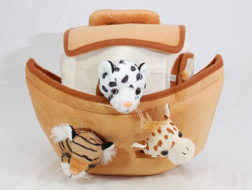 Plush Noah's Ark with Animals - Six (6) Stuffed Animals (Lion, Zebra, Tiger, Giraffe, Elephant, and White Tiger) in Play Ark Carrying Case