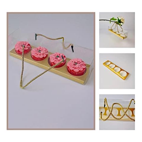 Sweet Degrees Kitchen Gold Clear Cupcake Muffin Boxes with 4 Cavity Holder 10 Sets - Clear Cupcake Container with Insert and handle - Cocoa Bomb Containers - Clear Muffin Boxes (Gold) Cover