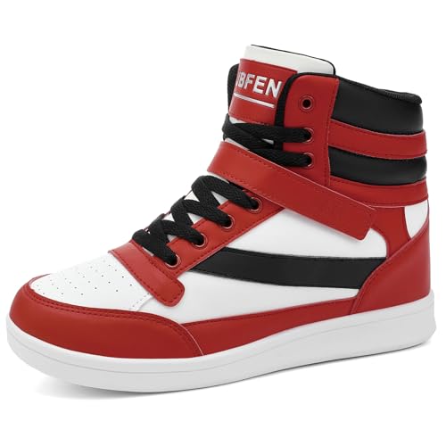 UBFEN Womens High Top Sneakers with Hidden Wedge Heel Ankle Support 2 Inch Height Increase 80s Retro Casual Boots White Red Size US 6.5