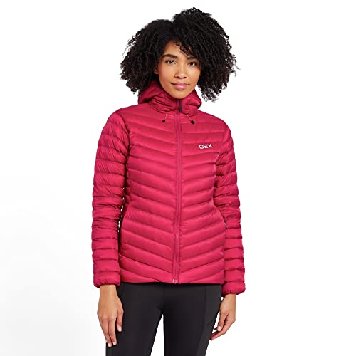 OEX Women’s Kintra Down Jacket with Wired Peak Adjustable Hood & Athletic Fit, Water-repellent, Lightweight & Packable Winter Puffer Coat (UK, Numeric, 16, Regular, Regular, Pink)
