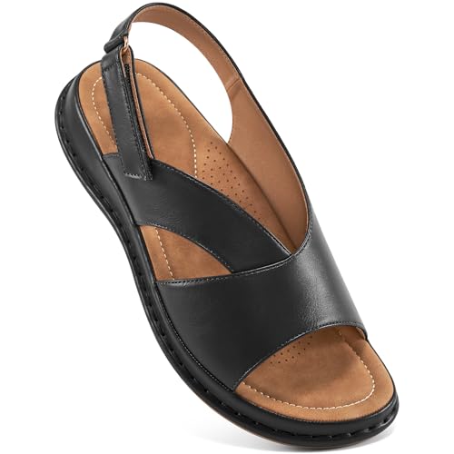 Aomigoct Dressy Sandals for Women Summer: Black 9 Comfortable Casual Dress Flats Sandal 2025 - Ladies Fashion Ankle Strap Walking Shoes