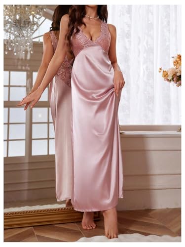 Image of WDIRARA Women's Satin Sleepwear Nightgown | Lace, Backless, Deep V Neck, Sleeveless, Long