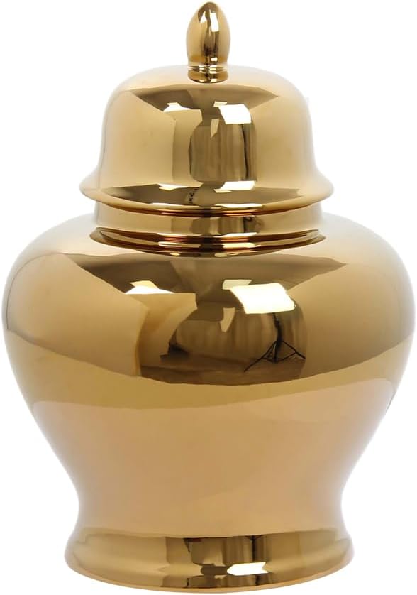 Ceramic Ginger Jar - 16x16x21cm Gold Electroplated Decorative Lidded Vase, Handmade Luxury Storage Canister for Home Decor, Living Room, Dining Table Centerpiece