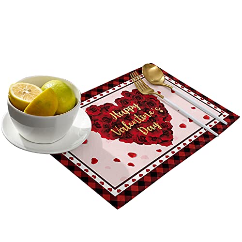 Happy Valentine's Day Placemats Set Of 6,Cotton Linen Heat Resistant Table Mats Non-Slip Washable Heart Shape Rose Love Buffalo Plaid Placemat For Holiday Banquet Dining Table Kitchen Decor #TOP1
