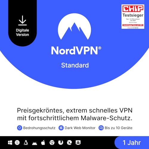 NordVPN Standard – 1 Jahr – VPN & Cybersicherheits-Software für 10 Geräte – Schadsoftware, bösartige Links & Werbung blockieren, persönliche Daten schützen – PC/Mac/Mobile [Online Code]