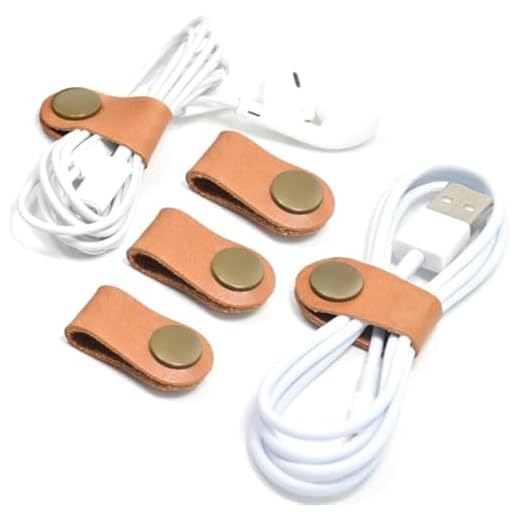 5pc Cable Straps Cable Organizer USB Holder Headphone Wrap Clip Strap Leather Storage Case Gift for Men Christmas Stocking Stuffer (Brown)