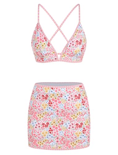 ZAFUL Women's High Waisted Bikini Sets Tummy Control Bathing Suits Floral Swim Skirt Two Piece Triangle Swim Suit 2025 Pink Floral XL — view 3