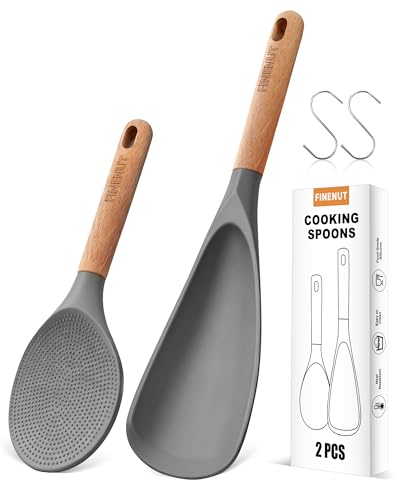 FINENUT Cooking Spoon Multifunction Spoonula Silicone Spatula Spoon 2-Pack, Dual-Use Heat Resistant 446°F, BPA-Free Non-Toxic Wooden Handle Rice Spoon Set for Non-Stick Cookware & Rice Cookers (Gray)
