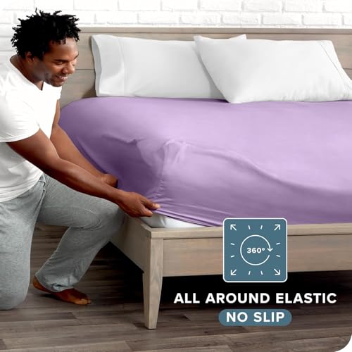 Image of 400 TC Cotton Elastic Fitted Bedsheet with 2 Pillow Covers for King Bed 75 x 70 10 Inches Lavender Solid Color Fitted Sheet