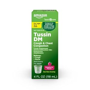 Amazon Basic Care Tussin DM, Cough Plus Chest Congestion Syrup, Relieves Coughing and Mucus, for Adults and Ages 12 and Over, Raspberry Flavor, 4 fl oz (Pack of 1)