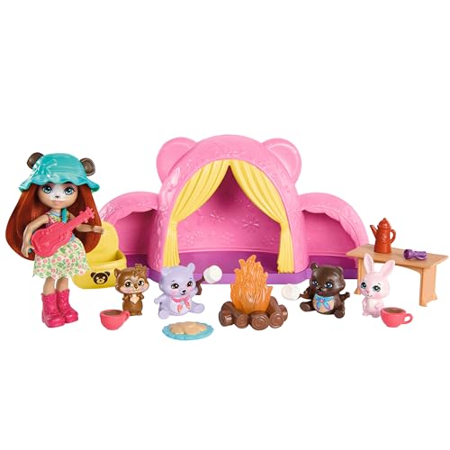 Enchantimals Muñeca pequeña Oso con Camping, Mascotas y Accesorios de Acampada, Juguete +4 años (Mattel HTW71)