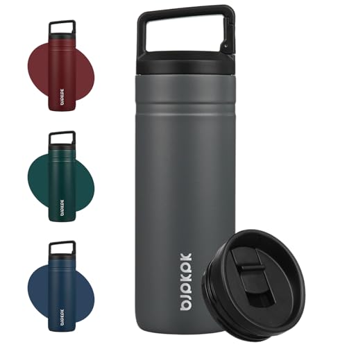 Image of BJPKPK 20 oz Insulated Travel Water Bottle, Coffee Tumbler Stainless Steel | Double Wall Vacuum, Leakproof, Thermal, Keeps Hot /Cold, BPA Free, Dishwasher Safe, Spill Proof, Wide Mouth, 2 Lids, Grey