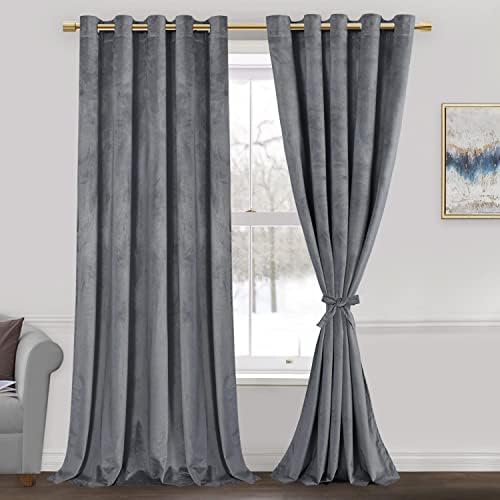 JIUZHEN Grey Velvet Blackout Curtains 108 inches Long - Extra Long Wide Insulated Window Covering Noise Absorbing & Privacy Protect Drapes for Party/Indoor Decorations, W60 x L108, Set of 2