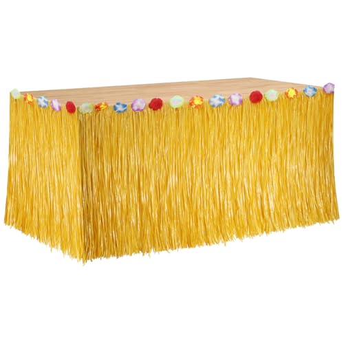 Falda de Mesa de Hierba Luau, Decoración para Fiestas Hawaianas, Faldón de Hierba Amarillo Hawaiano con Flores de Hibisco para Fiesta Luau con Tema Hawaiano, 75 x 275 cm (Amarillo, Unidad, 2)