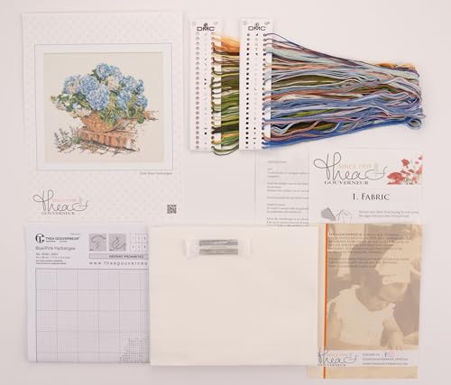 Image of Thea Gouverneur - Counted Cross Stitch Kit - Blue Hydrangea - Aida - 16 Count - Embroidery Kits for Adults - Crafts - DMC Embroidery Threads and Other Cross Stitch Supplies Included - 2046A