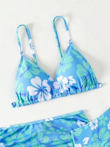 Milumia Biquíni feminino de 3 peças com alças finas e saída de praia, Azul floral, 11 Anos