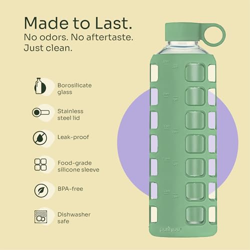 purifyou 40oz / 32oz / 22oz / 12oz Borosilicate Glass Water Bottle with Time & Volume Markers, Silicone Sleeve, Stainless Steel Lid | Reusable Glass Bottle for Water & Juice (40oz Shale Green)