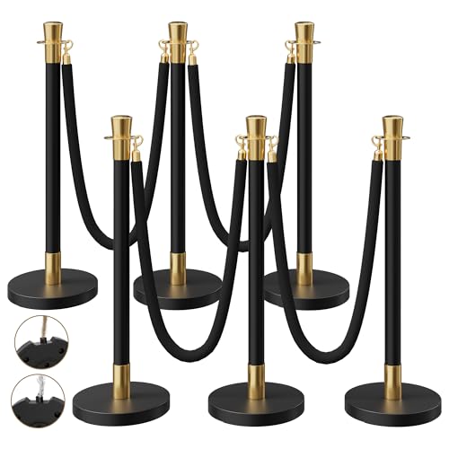 Image of 6 Pack Black&Gold Stanchions and Velvet Ropes Set, Stainless Steel Crowd Control Barriers, 4Pcs Black Ropes and Poles for Party Supplies,Photobooth Accessories, Prom,Birthday,Business,Wedding, Museums