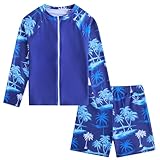 Toddler Swimsuit Boy Long-Sleeve Rashguard Bathing Suit UPF 50+ Kids Hawaiian Swimwear Sets Size 3T 4T Little Boys Zipper Sunsuit Blue Palm Tree
