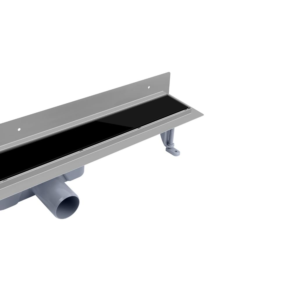 Wand-Duschrinne 100 cm, Schwarze Glasabdeckung, Edelstahl AISI 304, Siphon Ø50, Haarsieb