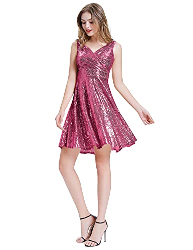 GRACE KARIN Sleeveless Shiny Sparkling V-Neck Evening Prom Swing Dress Rose Red M