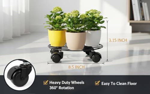 Image of Round Metal Plant Stand with Wheels (Pack of 4) | Heavy Duty Pot Trolley for Home, Balcony & Garden | Black