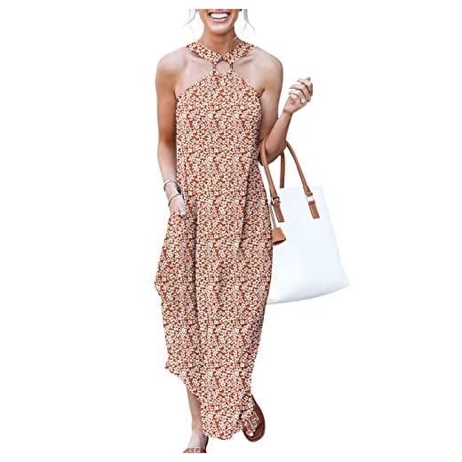 ANRABESS Feminino Vestido De Verão Feminino Com Decote Halter, Sem Mangas, Fenda Lateral, Casual, Praia, Viagem, Férias, Maxi Vestido Longo Com Bolsos, Estampa Floral, Tamanho Grande