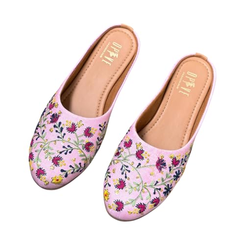 Image of OPIVE's Mehandi Women's Mojari Jutti Ethnic Punjabi Juttis Traditional Flat Embroidered Canvas Fancy Bellies Comfortable Sole for Womens & Girls