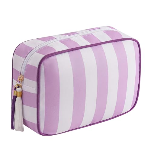 RSRSLEII Large Stripe Canvas Zipper Makeup Bag,Aesthetic Tassel Travel Cosmetic Bag,Coquette Toiletry Bag, Girls Handbags Purses,Accessories Storage Bag for Women Girls,Mahjong Tiles Bag(Purple)