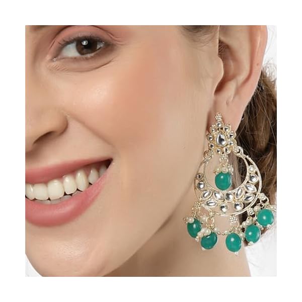 Zeneme Gold-Plated Kundan studded Crescent Shaped Chandbali Earrings for Girls and Women - Image 5