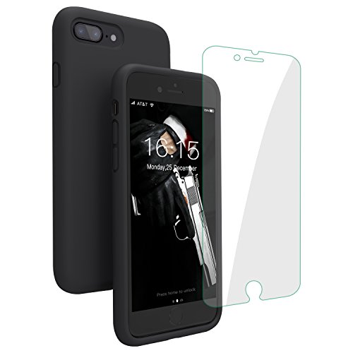 iPhone 8 Plus Case, iPhone 7 Plus Case, JASBON Liquid Silicone Phone Case with Free Screen Protector Gel Rubber Shockproof Cover Full Protective Case for Apple iPhone 8 Plus/iPhone 7 Plus-Black