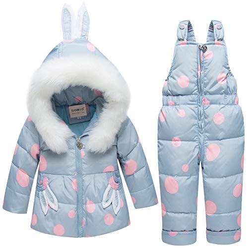 SANMIO 2 Pièces Fille Manteau de Duvet Ensemble Salopettes de Ski Combinaison de Neige Bébé Doudoune à Capuche + Hiver antalons de Ski Enfant Duvet de Canard Chaud Gris, 2-3 Ans Cover