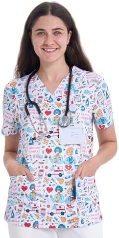 Scrub Tops for Women, V Neck Printed Scrub Tops, Medical Nursing Stretchy Shirts w/ 3 Pockets (Runs Small, Please Size Up)