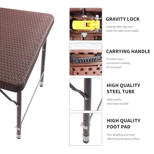 ICSPOID 4ft Imitated Rattan Folding Table Portable Plastic Heavy Duty Indoor Outdoor Picnic Party Dining Camping Tables w/Handle White Black Brown - Thumbnail 3