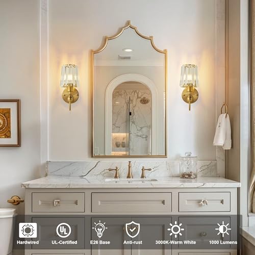 Image of KARTOOSH Hardwired Crystal Wall Sconces Set of 2 | 11.2 Inch Brass Wall Lights Dimmable 3000K Warm White Wall Lamps for Hallway, Bathroom, Living Room, Bedroom
