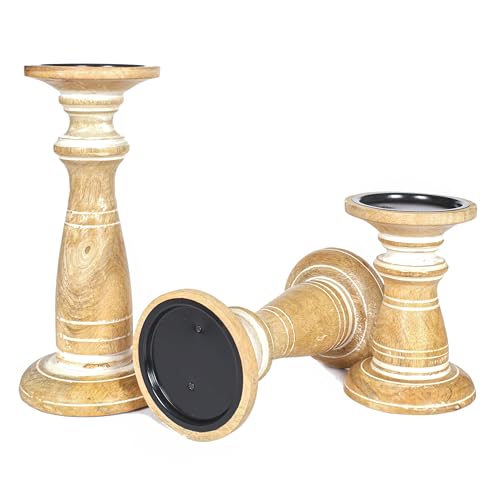 Hand-Crafted-Wooden-Pillar-Candle-Holders-Set-of-3-Ideal-for-LED-and-Pillar-Candles-Gifts-for-Wedding-Christmas-Party-Spa-Reiki-Aromatherapy-Votive-Candle-Gardens-10-8-6-Inch-White-Wash Hand Crafted Wooden Pillar Candle Holders Set of 3 Ideal for LED and Pillar Candles Gifts for Wedding Christmas Party Spa Reiki Aromatherapy Votive Candle Gardens 10 8 6 Inch White Wash