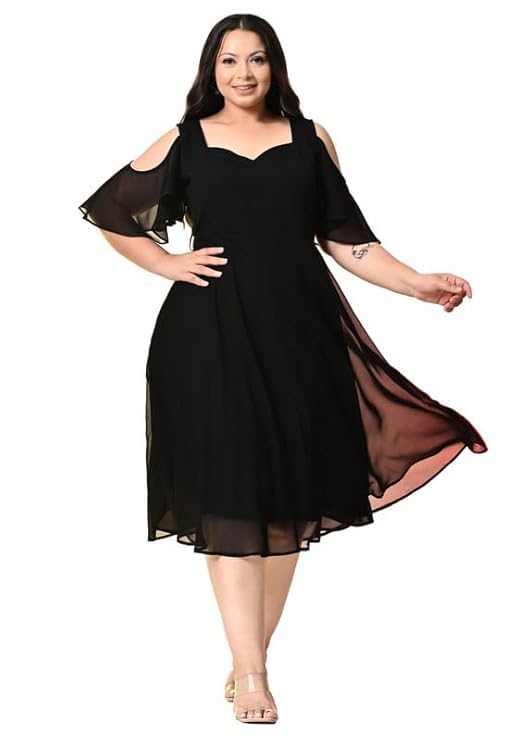 Plus Size Black Cold Shoulder Georgette Dress | Black Dress for Women | Women Top | Tops for Women | Plus Size Dress | Dresses for Women-image-38