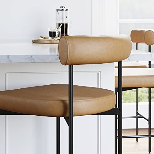 Nathan James Dahlia Counter Heigh Chair, Modern Barstool With Back, Mid-Century Metal Legs And Leather Padded Cushion For Kitchen, Island And Bars, Brown/Black, Set Of 4 #TOP4