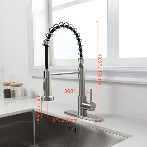 Ibergrif Kitchen Faucet With Pull Down Sprayer, Brushed Nickel Kitchen Faucet, Commercial Spring Single Handle 304 Stainless Steel Kitchen Faucet, Faucet For Laundry Bar And Rv With Deck Plate #TOP2
