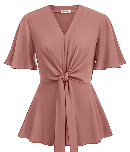Image of GRACE KARIN Women's Elegant V-Neck Tie Waist Flowy Peplum Shirt Tops