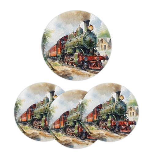 Mintoprints Juego de 4 manteles individuales redondos trenzados estilo tren de vapor vintage, manteles individuales lavables para mesa de cocina, comedor, 38 cm