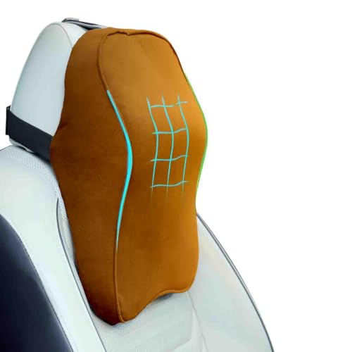 Image of WELLGIVER Orthopedic Memory Foam Car Neck Rest Pillow - Cervical Support Cushion for Neck Pain Relief, Adjustable Strap - Universal Fit for All Cars | TAN Velvet | Pack of 2
