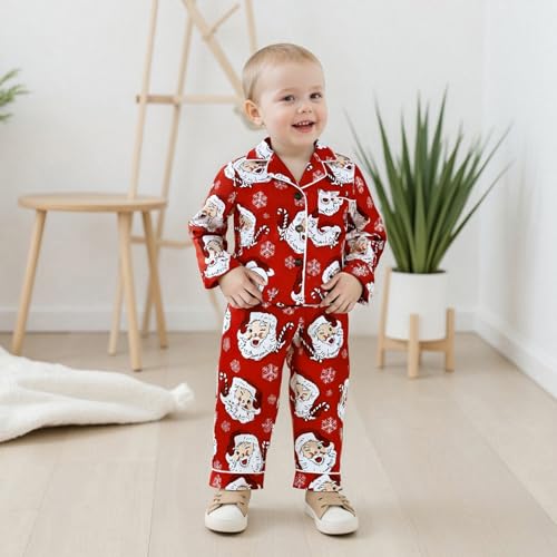 One opening 2-6T Little Girl Christmas Pajamas Set Santa Button Down Shirts Tops Long Pants Girls Pjs Set Loungewear Sleeper2