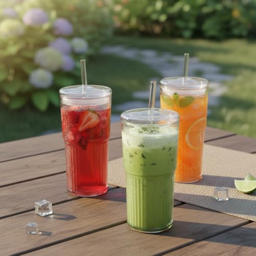 Image of ginoya brothers 600ml Glass Mason Tumbler with Lid and Straw - Leakproof Reusable Drinking Cup for Juice, Smoothies, Iced Coffee, Tea, Cold Beverages. (Pack of 4)