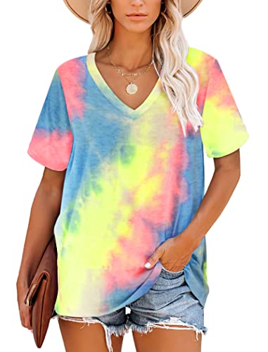 MOLERANI Femmes t-Shirts à Manches Courtes col en V été Hauts décontracté Ample t-Shirt Teint Rose Jaune Taille XL