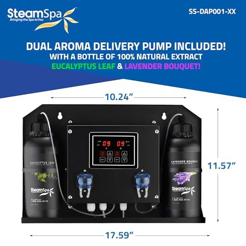 SteamSpa Steam Shower Generator Kit | Matte Black + Auto Drain Combo| Dual Bottle Aroma Oil Pump | Steam Sauna Spa Stall Package|Touch Screen Wifi App/BT Control Panel |9 kW Raven | RVB900BK-ADP