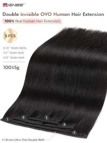 WIGNEE Natural Black Double Invisible PU OVO Human Hair Extensions 100% Remy Human Hair Bundles 18 Inch Genius Glueless Weft Hair Extensions Human Hair