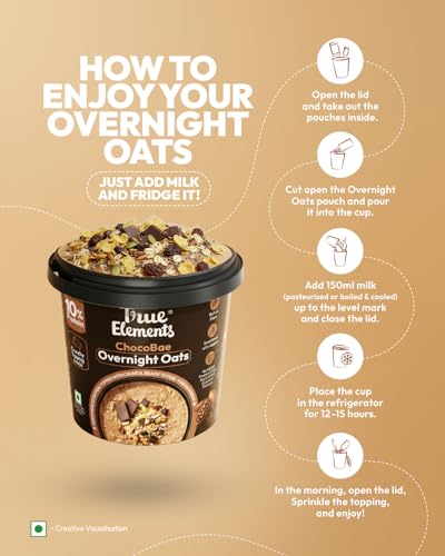 Image of True Elements Overnight Oats Choco Bae 62g Pack of 3 | Ready-to-Eat Breakfast | High Protein, Fibre & Chocolate Flavour | Healthy Instant Oats Snack
