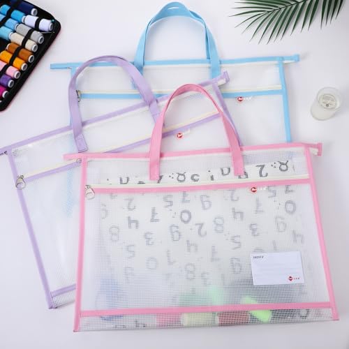 Image of 3 Pack Sewing Project Bag 17.72x12.99 Inches Craft Storage for Quilters Art Portfolio Bags with Handle and Zipper Mesh Folder Organizers for Artworks Charts Poster Scrapbook