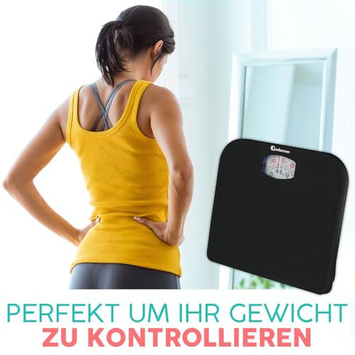 Adamson A21 Personenwaage Analog – bis zu 136 kg – Neu – Rutschfeste Gummioberfläche - Große Zahlen – Körperwaage Analog – Erschwinglich – Langlebig mit 20 Jahren Garantie - Vollschwarz